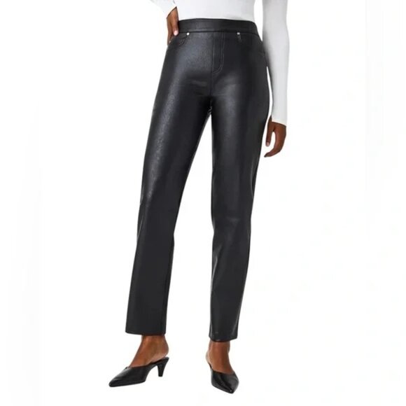 Spanx Vegan Faux Leather Slim Straight Leg Pants L TALL High Rise Ankle Black